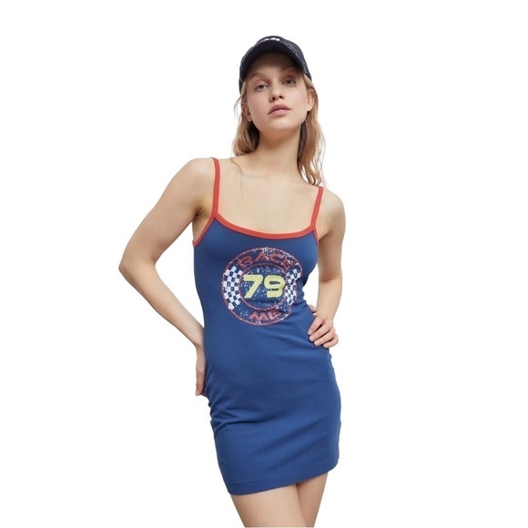 Urban Outfitters Race Me Graphic Blue Tank Dress Medium - Picture 1 of 8